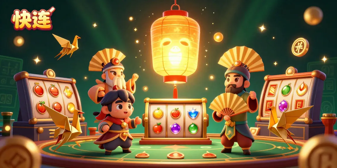 Engage with 快连 in this vibrant casino scene featuring golden lantern spirits and dynamic slot game elements.