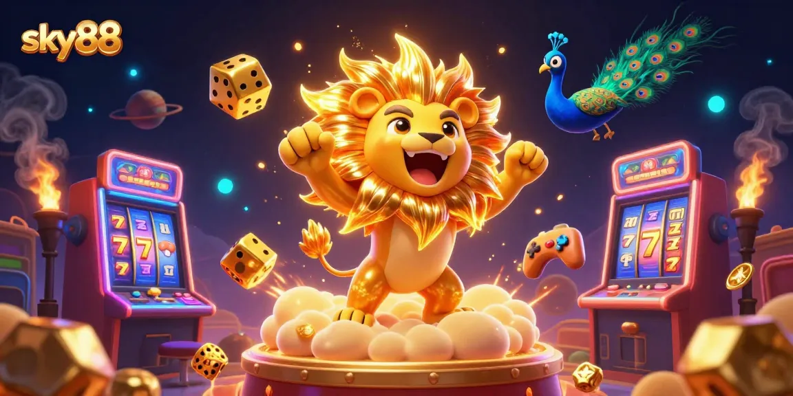 Experience the thrill of sky88 with vibrant slot machines and golden dice in a dynamic casino scene.
