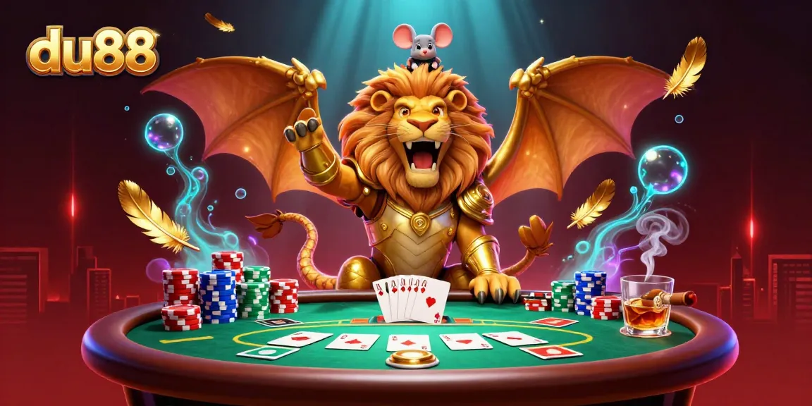Engage in thrilling du88 poker action with a roaring chimera and vibrant game elements in this energetic illustration.