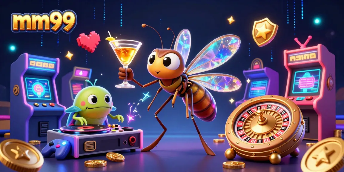 Engage with mm99's vibrant casino world featuring a unique 3D scene of retro gaming and classic casino elements.