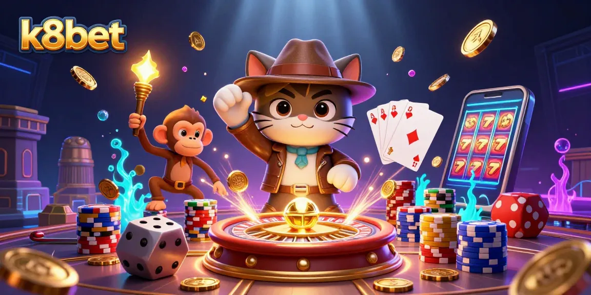 K8BET showcases a dazzling scene of a cat archaeologist discovering casino treasures amidst vibrant gaming elements.