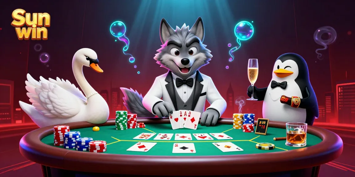 Experience the excitement of Sun win at a baccarat table with colorful chips and elegant characters.