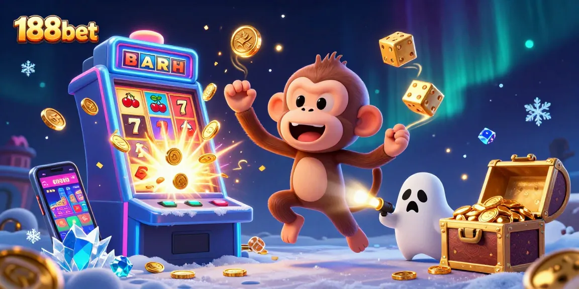 Experience thrilling fun with 188bet in a vibrant casino scene featuring a playful poltergeist monkey.