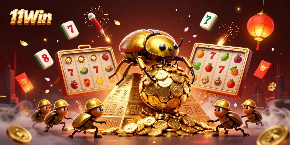 Experience the excitement of 11Win with a vibrant casino-themed illustration featuring golden beetles and slots.