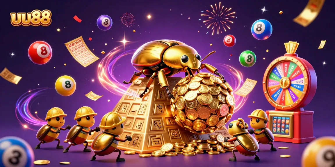 uu88 showcases a majestic dung beetle rolling a coin ball, symbolizing online betting excitement.