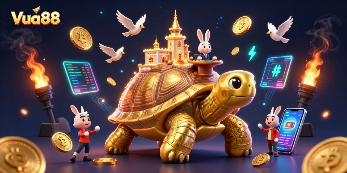 Bet on Vua88 with captivating gaming visuals featuring a golden tortoise casino and rabbit dealer.