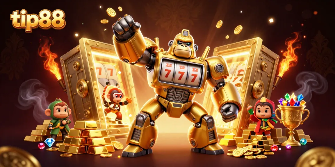 Exciting action in tip88 as a golden gorilla mech bursts with coins & winnings!