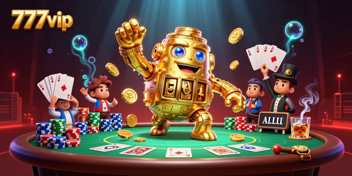 Experience the excitement of 777vip's incredible gaming scene illuminated by swirling gold coins and poker action.