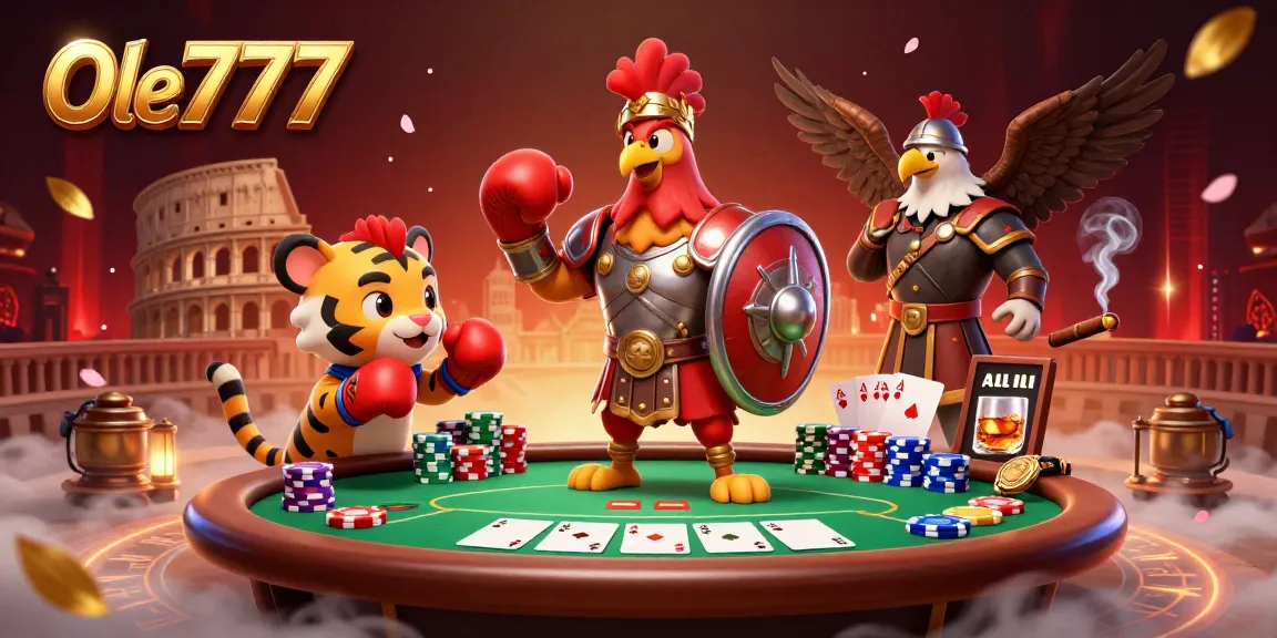 Join the action at Ole777 with a vibrant 3D illustration depicting a gladiator rooster, poker table, and exciting casino elements.