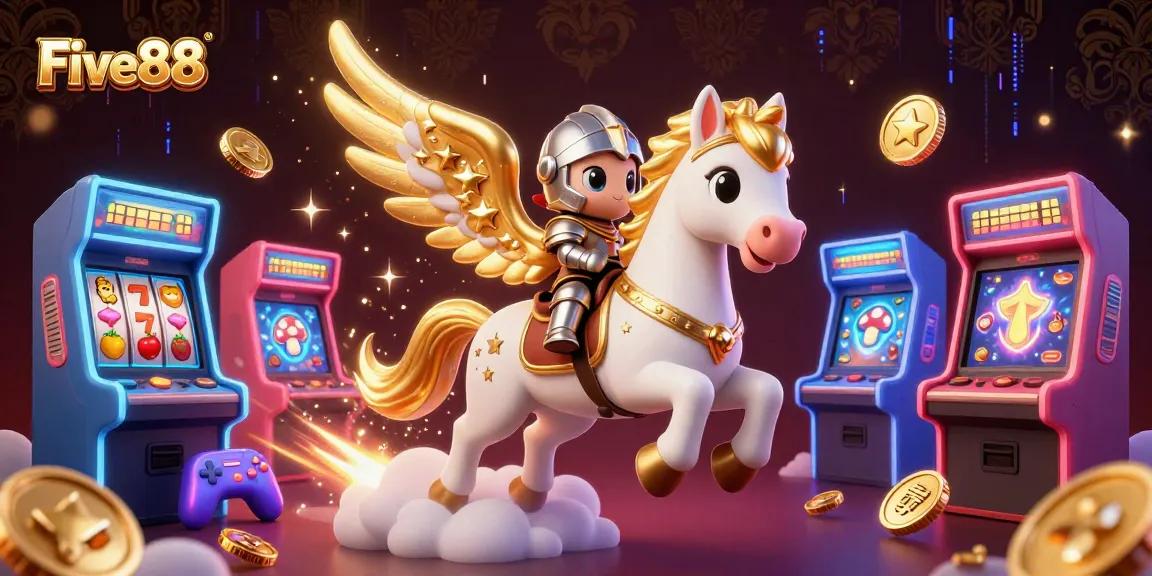 Experience the excitement of Five88 Casino with a dynamic 3D illustration featuring gaming and adventure elements.