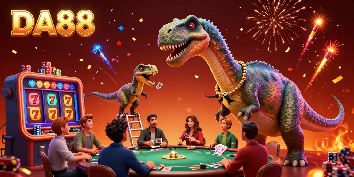 Experience thrilling poker action with DA88 alongside a towering brontosaurus dealer.