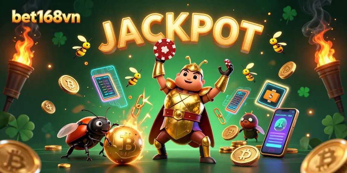 Experience the excitement of bet168vn by winning with a jackpot celebration featuring vibrant casino elements.
