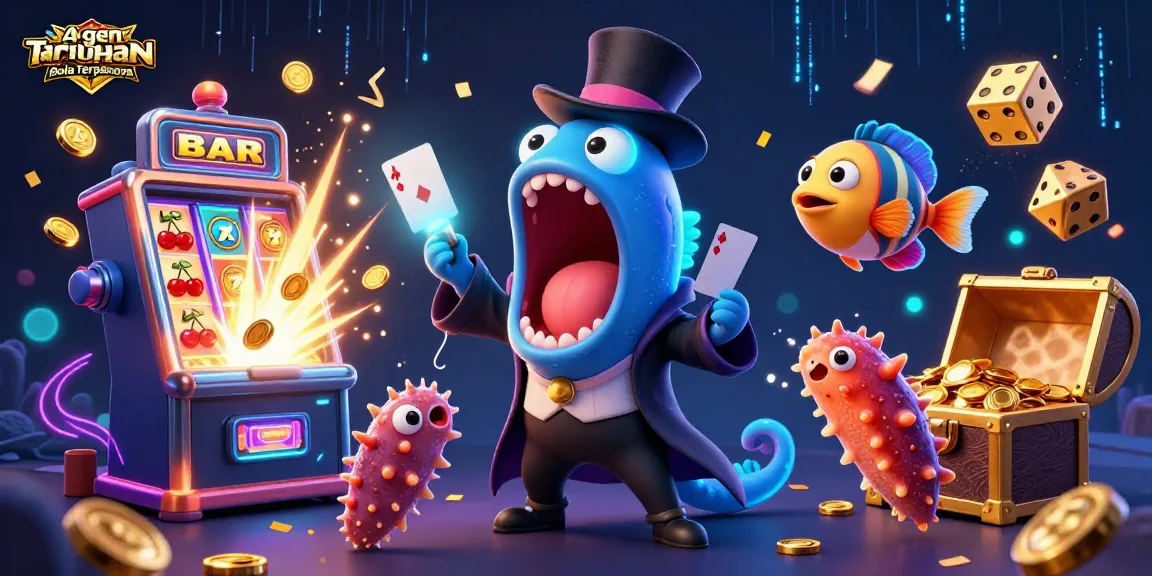 Agen Taruhan Bola Terpercaya showcases a magical scene with sea creatures performing tricks amid vibrant casino elements.