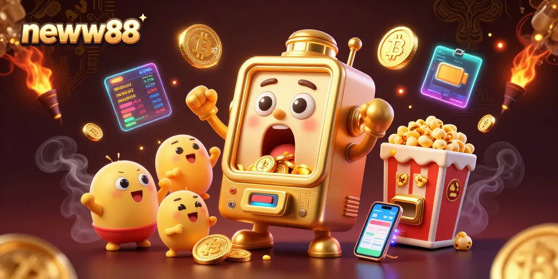 Experience winning thrills with neww88's vibrant slot machine jackpot celebration in this dynamic illustration.