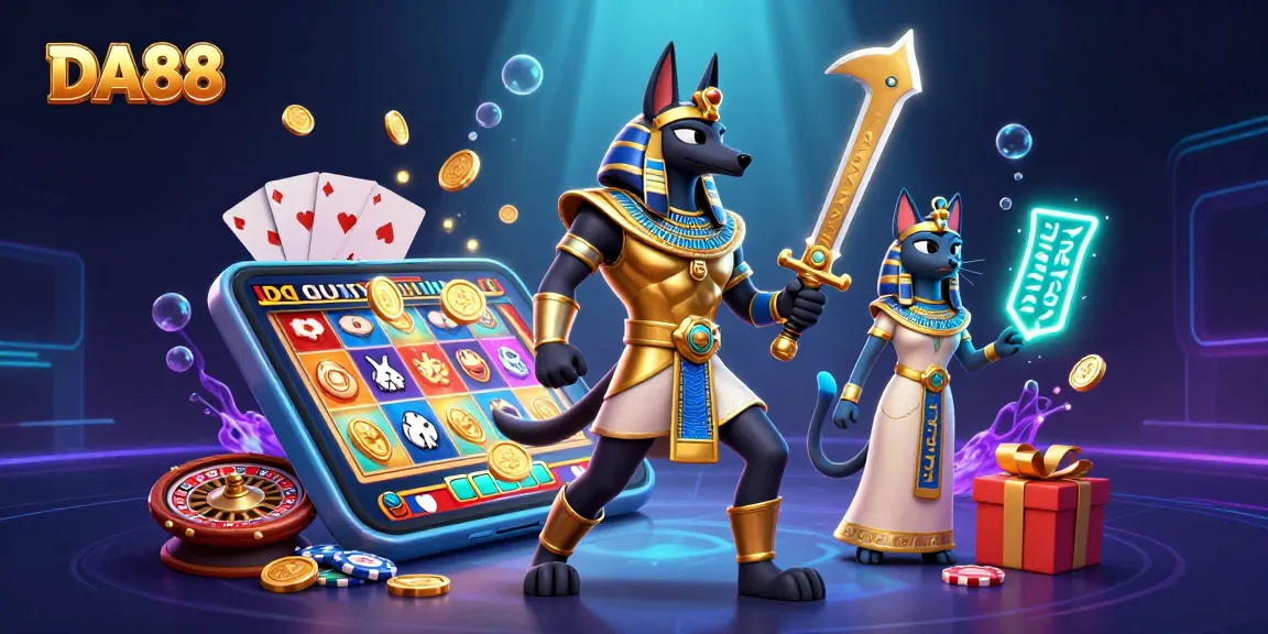 Spin and win with the DA88 as Anubis and Bastet celebrate a vibrant casino scene rich in Egyptian lore.