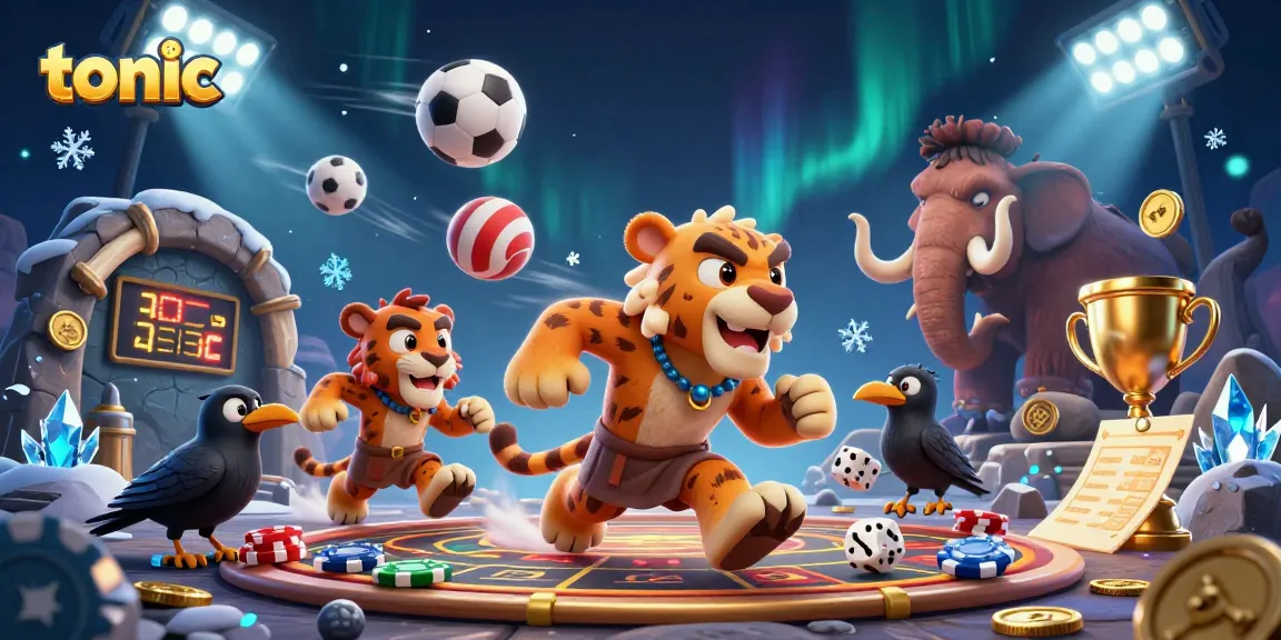 Tonic-themed 3D cartoon illustration of caveman and sabertooth duo running a prehistoric casino with sports betting elements