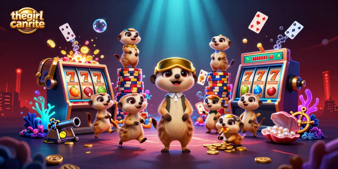 Thegirlcanwrite shows meerkats operating a vibrant casino with slot reels and colorful decorations.