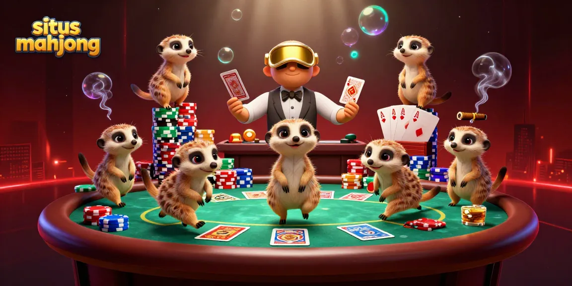 Experience situs mahjong with playful meerkats at a lively casino scene, showcasing vibrant gaming elements.