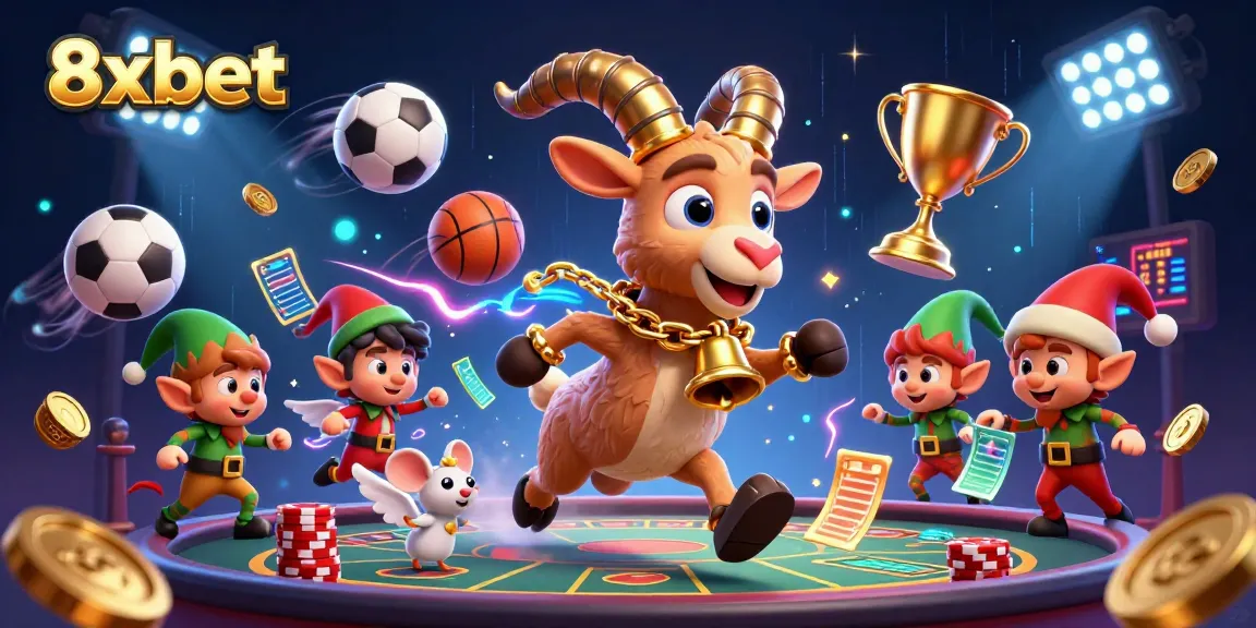 8xbet gaming illustration showcasing Krampus in a casino with sports elements and festive chaos.