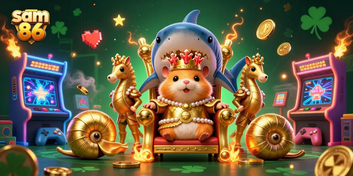 Experience gaming excitement with sam 86, featuring a fierce hamster king and vibrant arcade elements.