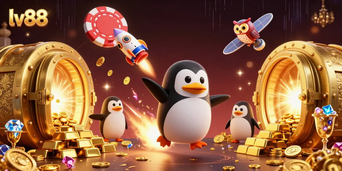 Join the adventure at lv88, where a golden penguin blasts through space toward a vibrant casino.