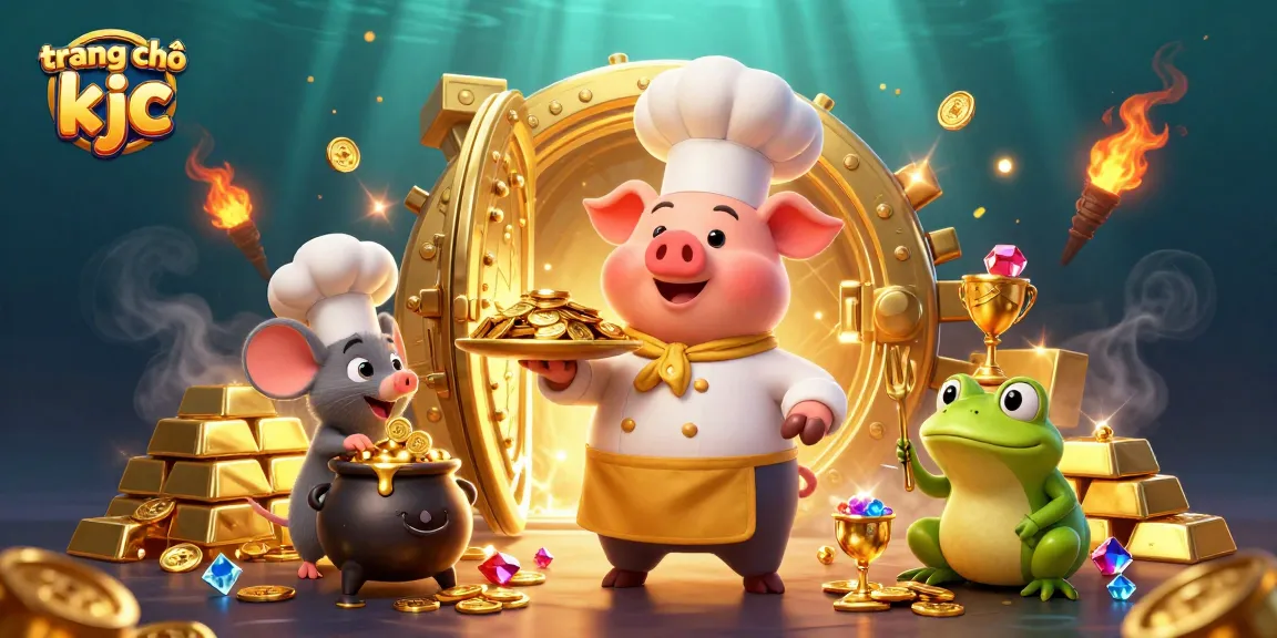 Experience the vibrant scene at trang chủ kjc featuring a gourmet chef pig serving gold coins amidst a treasure-filled casino atmosphere.