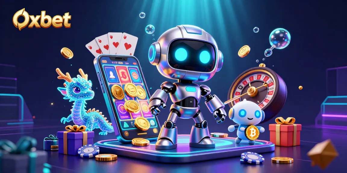 Experience gaming with Oxbet through an ultra-detailed scene featuring a vibrant cyberpunk mascot, crypto elements, and casino games.