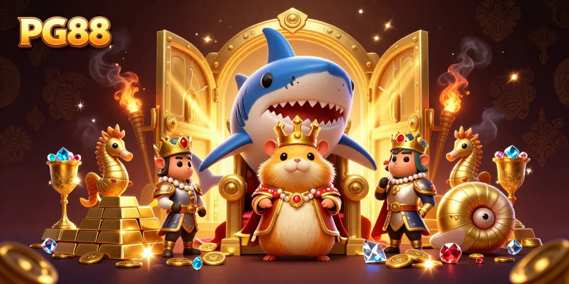 Engage in thrilling PG88 casino adventures with a golden hamster king ruling over treasures.