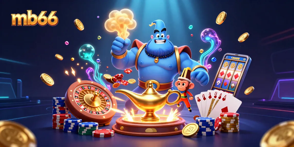 mb66 brings luck with a genie and poker chips in an enchanting casino scene