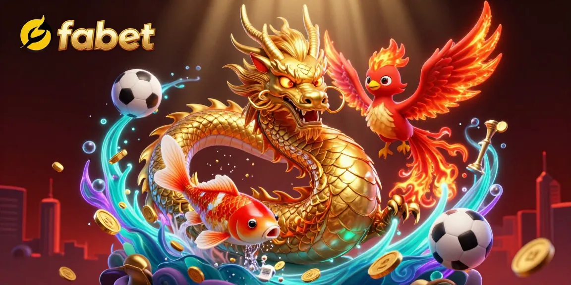 Experience thrilling sports betting with fabet as a golden dragon and phoenix soar amidst vibrant game elements.