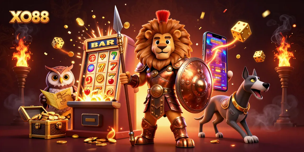 XO88 showcases a dynamic casino scene with a Spartan lion, owl strategist, and greyhound messenger amidst a vivid jackpot explosion.