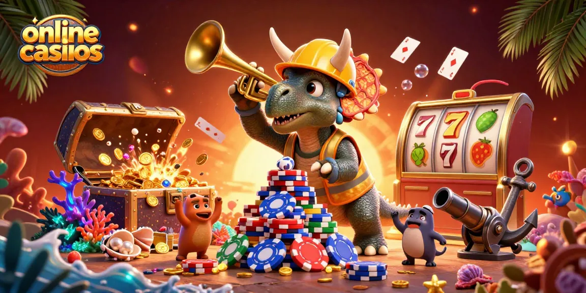 Celebrate exciting online casinos with a dynamic cartoon scene of a triceratops and parasaurolophus cheering.