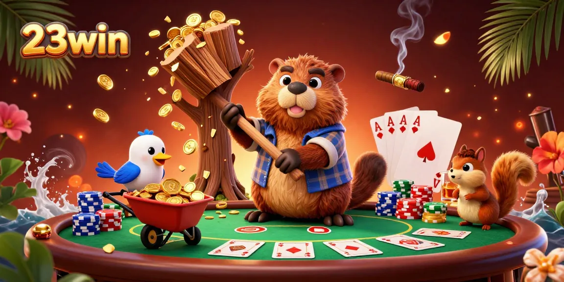 Experience 23win’s vibrant casino world with cartoon characters amidst poker excitement.