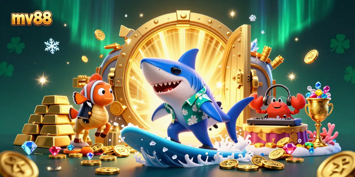 Surf with mv88 and win big as a shark rides golden waves rich in casino treasures!