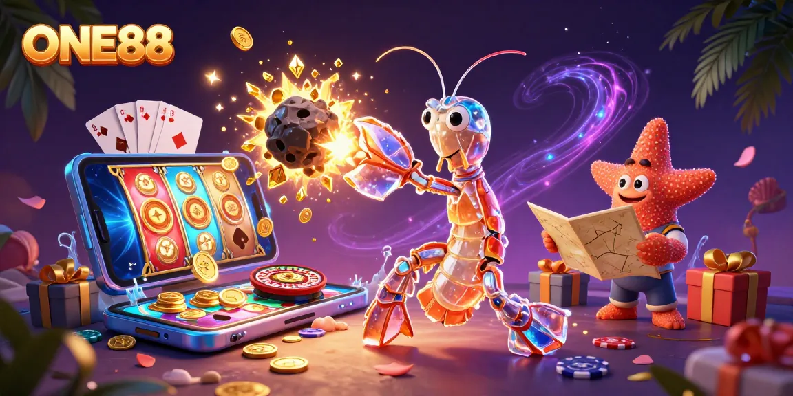 Experience thrilling gameplay at ONE88 with a galactic samurai mantis shrimp surrounded by dynamic casino elements.