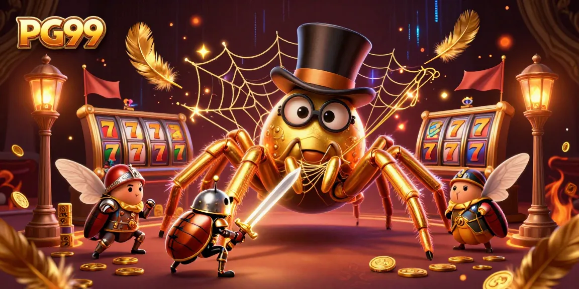Engage with PG99's thrilling slots featuring a golden tarantula and beetle knight amidst dynamic casino elements.