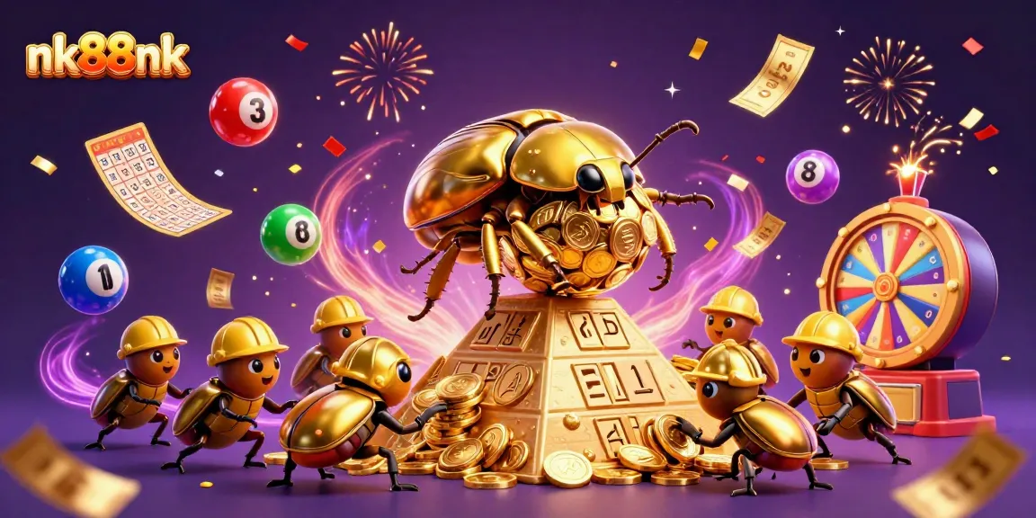Witness nk88nk's vibrant 3D casino scene filled with golden coins, lottery balls, and dynamic gaming elements.