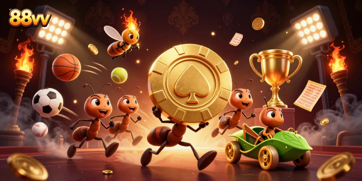 Engage with the thrilling 88vv heist scene featuring ants and sports elements.